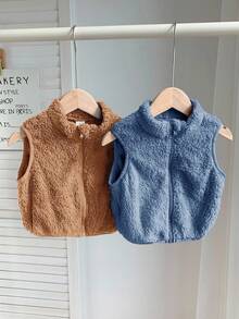 SHEIN 2pcs Baby Boy/Girl Cute Solid Color Fluffy Vest Jacket Set, Autumn/Winter Fall