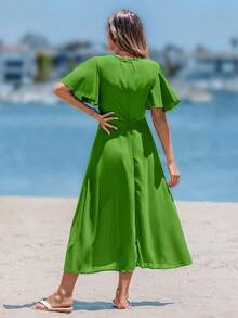 Sylviya Butterfly Sleeve Fake Button Split Hem Dress - Green - View 2