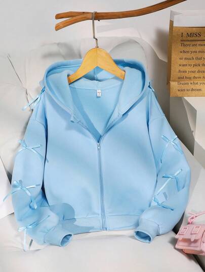 Sparklyn Teenage Girls' Jacket, Solid Color Fashion Bow Sweatshirt Jacket, Comfortable Fleece Sweatshirt Fabric, Medium Loose Fit, Stylish Sleeve Design, Youthful And Energetic Style, Suitable For Back To School Season Or Casual Outdoor Wear Fall Winter