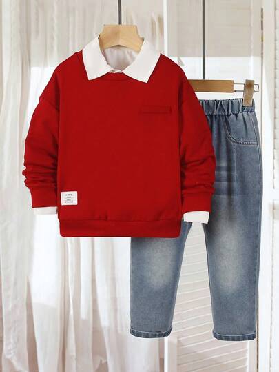 SHEIN 2 件套年轻男孩时尚服装 - 黑色针织圆领长袖运动衫和仿口袋牛仔长裤，休闲简约设计适合日常穿着、上学、旅行、度假、休闲、夏季