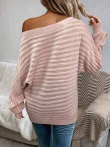 SHEIN LUNE Suéter holgado de manga de murciélago y hombros descubiertos de unicolor para mujer de talla grande, otoño - Rosa Pálido - Ver 2