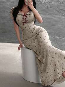 Feyla Váy dài họa tiết bướm thanh lịch dành cho nữ, mùa hè - Màu be - Xem 8