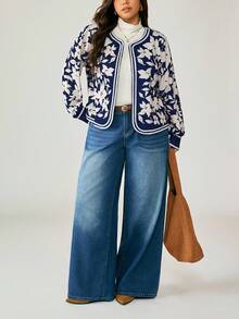 EMERY ROSE Plus Size Floral Print Casual Jacket Winter Fall Autumn - Black - View 5