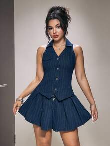 Jeanoix 条纹无袖牛仔连衣裙 - 深色水洗藍 - 查看 4