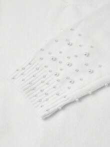 Ellevyn Suéter feminino elegante de cor sólida, decote em V, manga comprida, com detalhes em pérolas, adequado para várias ocasiões no outono/inverno - Branco - Ver 3