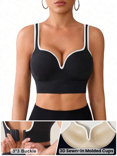 Easithlete 无缝高强度运动胸罩，无可拆卸垫，带缝制垫的运动胸罩，高强度支撑，带不可拆卸垫模制罩杯，适用于女士高支撑工字背心、健身、瑜伽、跑步