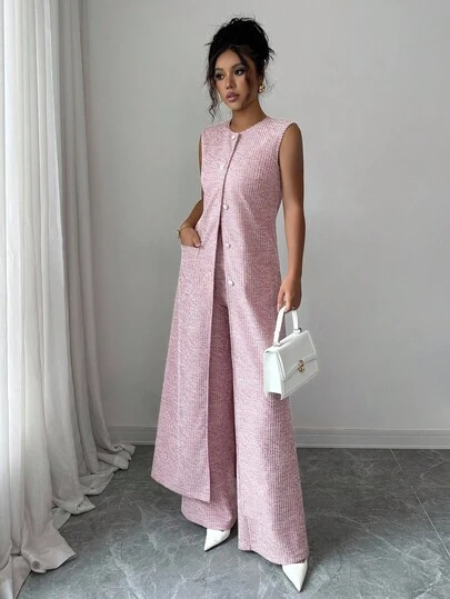 Elenzga 女士优雅精致的秋季休闲装，搭配圆领收腰无袖粗花呢夹克和直筒裤，打造优雅精致的秋季休闲装。时尚百搭的两件套，适合职场、约会和派对。