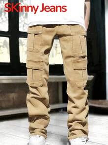 SHEIN Tween Boy Fashion Casual Multi-Cargo Pocket Design Denim Khaki Stretch Skinny Cargo Jeans For Boys Costume Dailywear And Fall/Winter Kids Clothes - Khaki - View 5