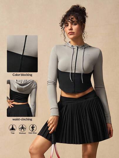 VARSIVA 女士撞色运动夹克，长袖拉链前襟抽绳连帽运动夹克，女士网球夹克