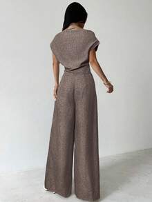 Firerie 夏季新款女士优雅休闲通勤白色落肩上衣和阔腿裤套装 - 棕色 - 查看 2