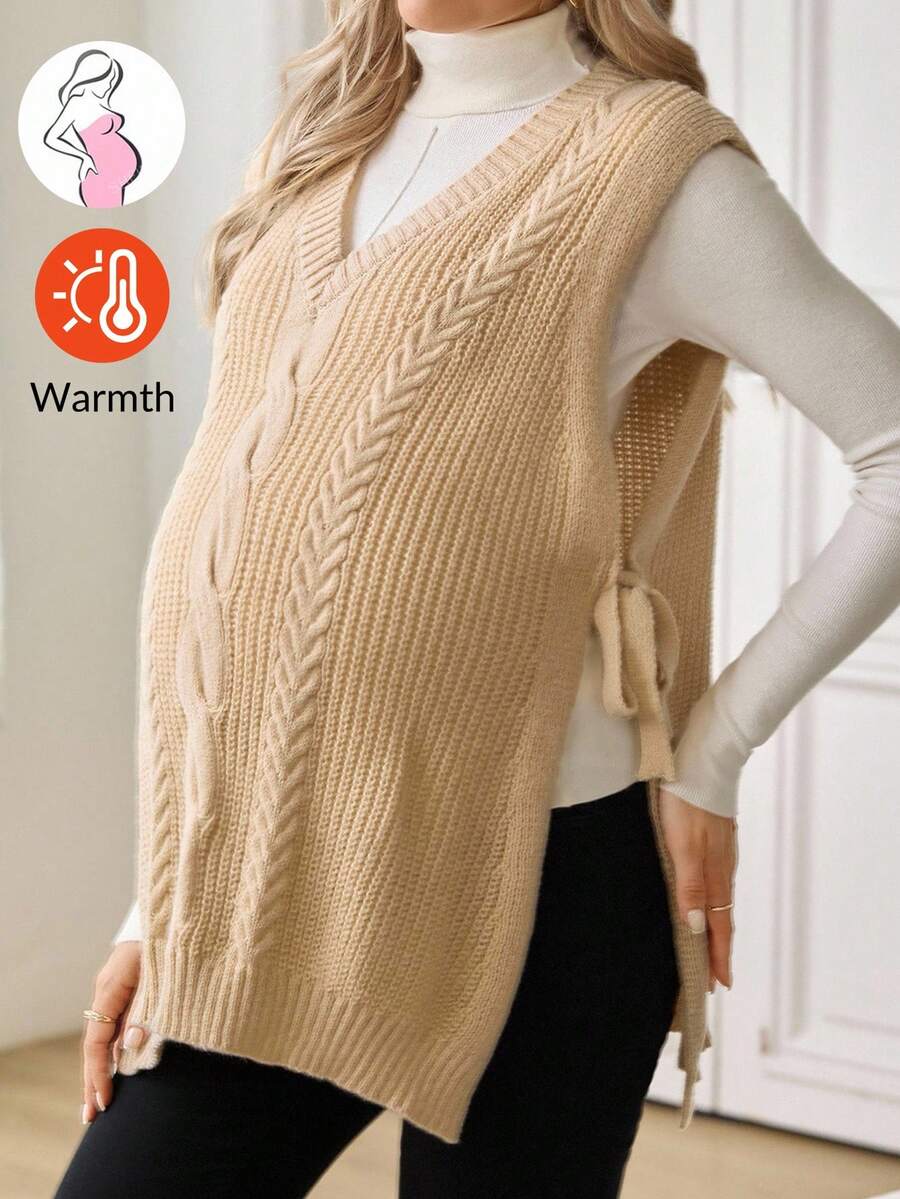 SHEIN Maternity Casual Solid Color Side Slit Knit Vest - Khaki - View 1