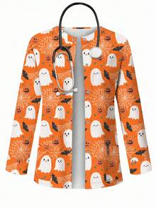 PopScrub 夏季时尚夹克，卡通幽灵、南瓜、蜘蛛网、蝙蝠图案印花，休闲女式护士服夹克，万圣节服装 - 彩色 - 查看 1