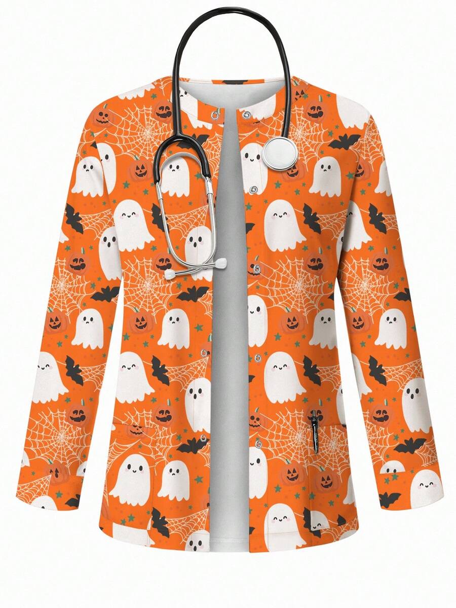 PopScrub 夏季时尚夹克，卡通幽灵、南瓜、蜘蛛网、蝙蝠图案印花，休闲女式护士服夹克，万圣节服装 - 彩色 - 查看 1