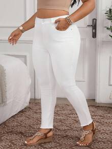 EMERY ROSE Plus Size Women High Waist Pockets Skinny Casual Versatile White Jeans Denim Pants - White - View 6