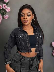 Slaydiva Damen Große Größen Denim Jacke mit ausgefransten Säumen, Lässig Frühling & Herbst Langarm Crop