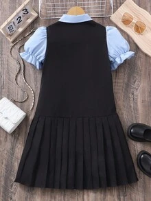 Girls' Patchwork 2-In-1 Dress, Flare Sleeves And Bow Decor, Suitable For Spring/Summer, School/Campus Wear - Black - View 2