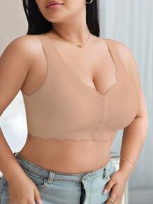 DesireSculpt Casual-Comfy Simple Seamless Wave Edge Wide Shoulder Straps Front Buckle Women's Plus Size Wirefree Bra Front Closure Bra Wireless Bra Support Bra Plus Size Bra Goth Full Coverage Bra - Dusty Pink - View 8