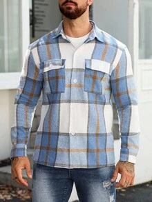 Manfinity Homme Casual Blue & White Plaid Pocket Men's Long Sleeve Shacket Flannels For Men Blue Flannel Shacket, Fall - Blue and White - View 4