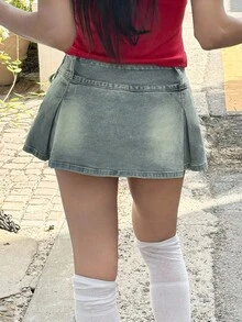 SHEIN ICON 女式百搭修身蝴蝶结细肩带A字迷你裙短裤 - 淺色水洗藍 - 查看 2