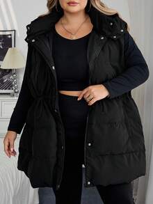 SHEIN CURVE+ Áo khoác mùa đông có mũ trùm đầu màu trơn cỡ lớn, tay dài dày dặn, áo khoác mùa đông/Mùa thu/Mùa đông - màu đen - Xem 8