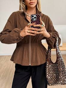 Siren Gaze 女款秋冬新款美拉德色灯芯绒腰夹克 - 棕色 - 查看 4