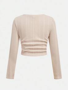 SHEIN 青少年女孩休闲圆领褶皱腰上衣和喇叭裤，舒适家居服 - 杏色 - 查看 6