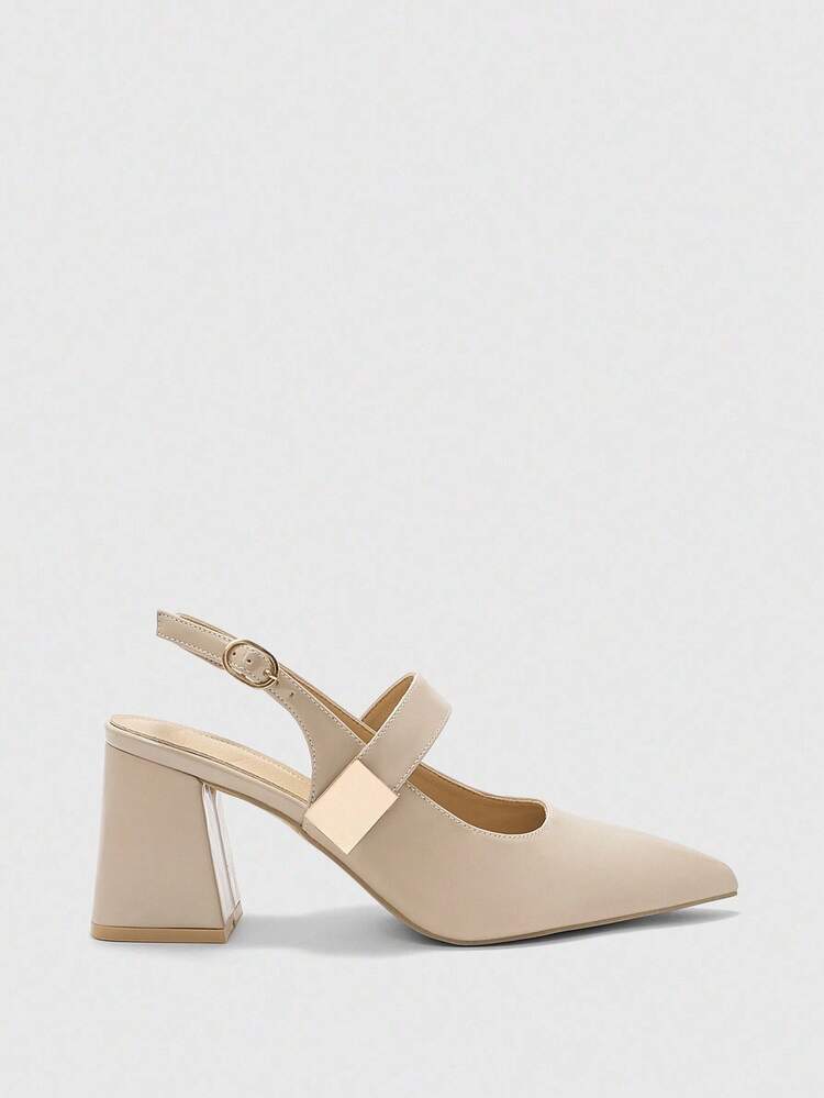 CUCCOO BIZCHIC Women's Fashion Apricot Color Metal Buckle Decor Chunky Heels Pumps, Classic Minimalist Design For Commuting, Dating, Party, Holiday, Wedding For Christmas Spring Shoes