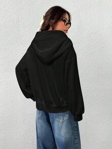 SHEIN EZwear 秋冬大码前拉链长袖连帽带口袋运动衫 - 黑色 - 查看 2