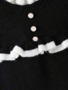 SHEIN 青少年女孩时尚黑色针织长袖毛衣裙，秋冬休闲针织裙 - 黑色 - 查看 5