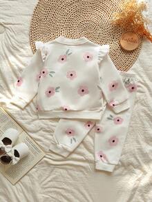 Vintaside Kids 女婴花卉印花圆领长袖棒球领夹克和休闲裤套装，适合露营和居家穿着，适合秋季户外或室内休闲时光 - 白色 - 查看 2