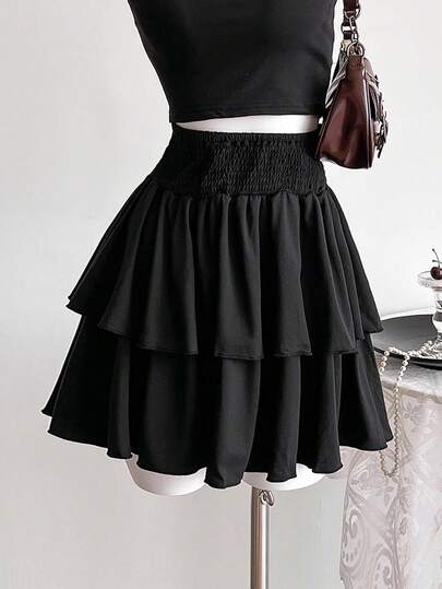 SHEIN Sweetra Young Teen Girl's Black Cable Knit Waist Double Layer Short Mini Skirt, Spring/Summer