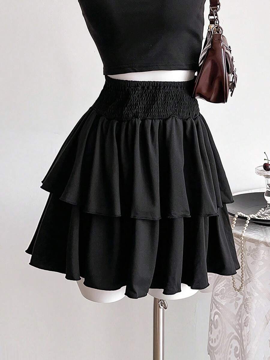 SHEIN 少女黑色麻花针织腰部双层短款迷你裙，春夏