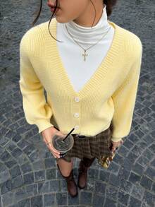 Jouncy 女式纯色V领前扣休闲百搭长袖开衫 - 黃色 - 查看 6