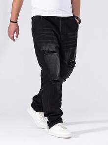 Manfinity Homme Calça Jeans Skinny Preto Desbotado e Desgastado Plus Size, Estilo de Rua Casual, Primavera/Verão - Preto - Visão 4