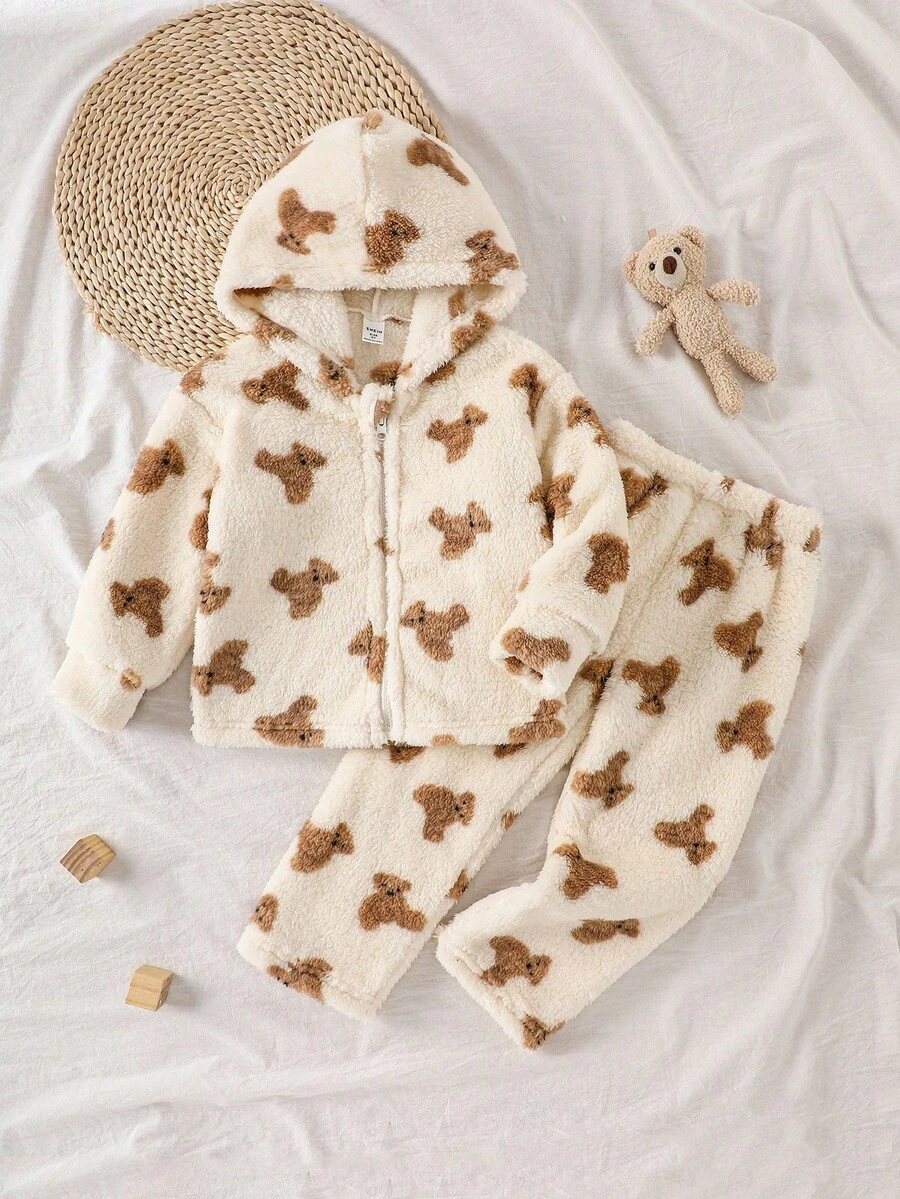 2件套年轻女孩休闲可爱熊图案毛绒连帽衫上衣和裤子家居服套装 - 彩色 - 查看 1