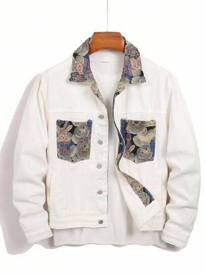 Manfinity Homme Erkek Sonbahar Patchwork Karikatür Ayı Cepli Tek Sıra Düğmeli Günlük Kot Ceket