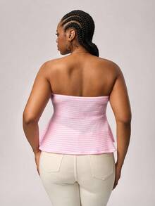 SHEIN Tall CURVE 大码粉色条纹针织抽绳抹胸，四季皆宜 - 彩色 - 查看 2