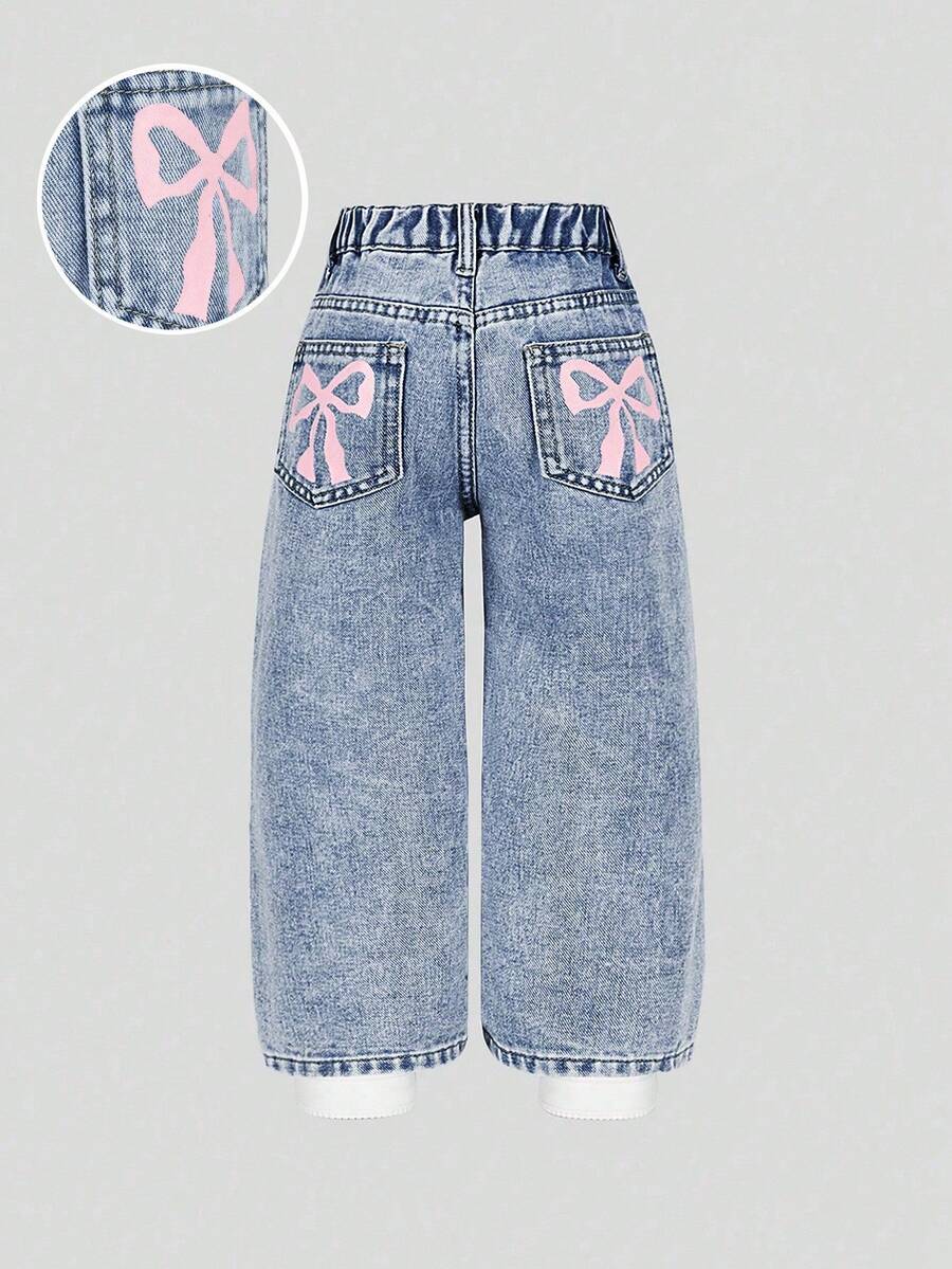 SHEIN Playful Pals Kleine Mädchen Leichte blaue süße rosa Schleife Muster Elastische Taille Lässig Weite Bein Verwaschen Jeans Hose