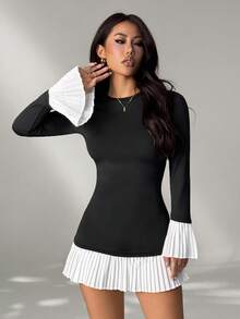 SHEIN PETITE Rochie de vară scurtă și elegantă pentru femei, cu guler rotund și mânecă lungă, culoare solidă, cu imprimeu floral, stil casual - Negru - Vizualizare 5