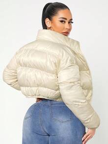 SHEIN SXY 性感拉链漏斗领冬季外套 - 米色 - 查看 2