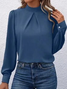 EMERY ROSE Áo sơ mi công sở tay dài cổ xếp ly màu trơn thanh lịch - Màu xanh lam - Xem 5