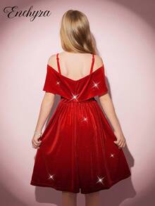 青少年女孩露肩蝴蝶结荷叶边下摆连衣裙，优雅休闲度假装，粉色，春夏 - 紅色 - 查看 2