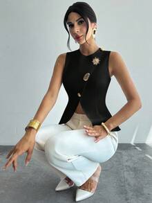 Firerie Women's Elegant Refined Romantic Commuter New Fashion Daily Metal Button Waist A-Line Hem Sleeveless White Blouse Top Black Tops