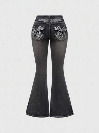 Fairycore Jeans acampanados de talle bajo con bordado de alas de esqueleto vintage y rhinestones, estilo Y2K para mujer