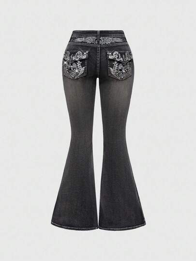 ROMWE Fairycore Women's Y2K Vintage Skeleton Wing Embroidered Rhinestone Low Waist Flare Jeans