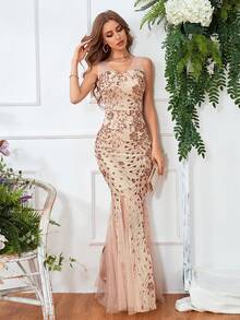 SHEIN Belle Vestido de graduación con abertura lateral, contraste de lentejuelas y malla, elegante vestido de noche formal para invitados de boda, graduación, cena y fiestas festivas - Champán - Ver 1