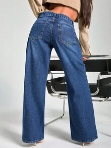 EURMUSE WOMEN LOOSE LOW WAIST WIDELEG DARK BLUE DENIM JEAN - Dark Wash - View 2