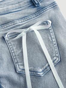 SHEIN MOD Chân váy denim giặt thường ngày có nơ trang trí cho nữ - Màu xanh lam - Xem 4