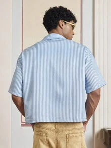 SWAVVY Men's Striped & Letter Print Casual Versatile Short Sleeve Shirt - Blue and White - View 2
