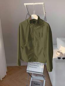 Comfortcana Women's Woven Military Green Hooded Zip-Up Long Sleeve Sun Protection Jacket In Fall/Winter - Army Green - View 3